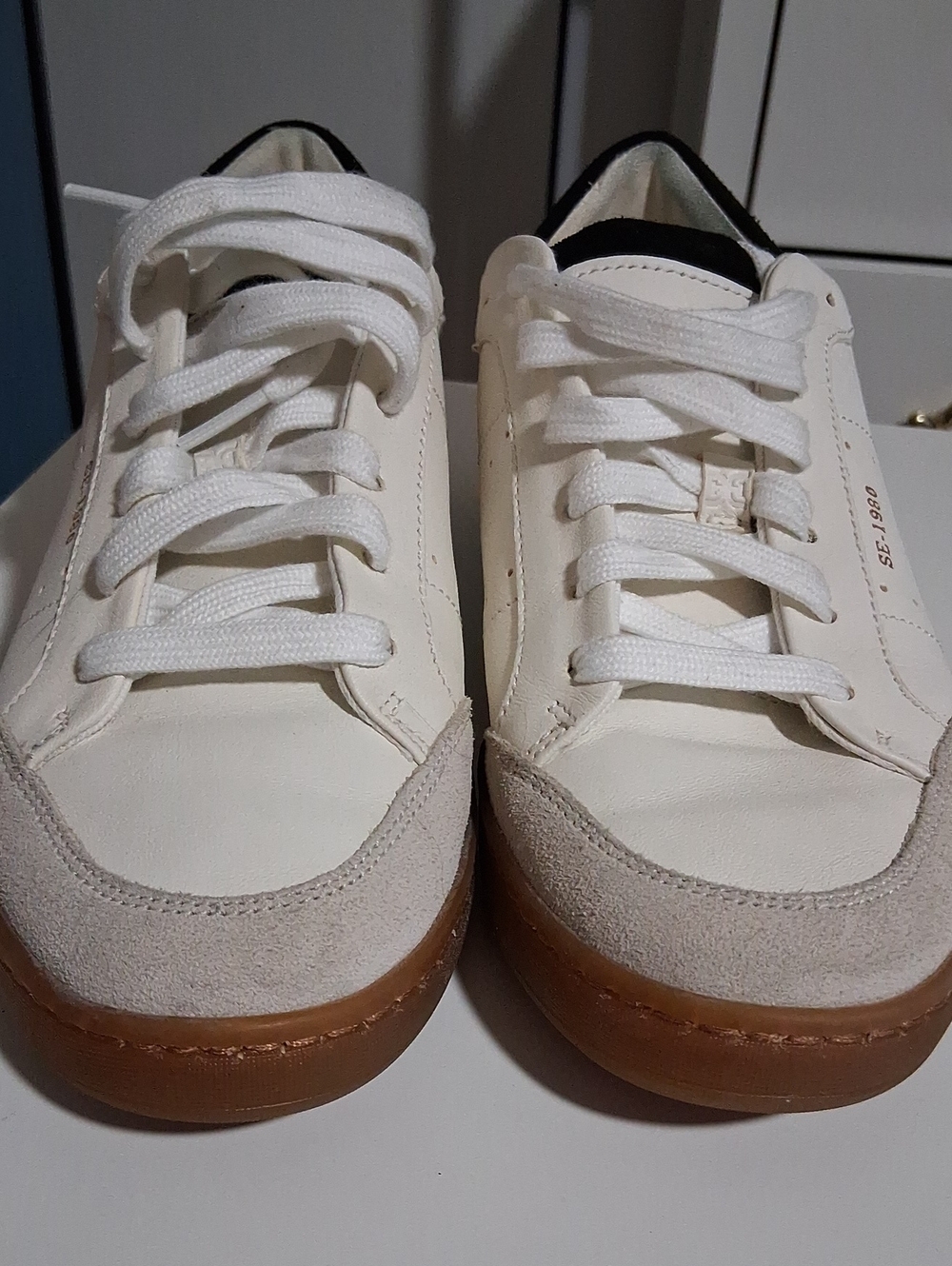 Sam Edelman White Sneakers with Gum Sole and Beige Suede Trim